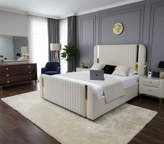 Ottoman Storage Bed Frame with Gas Lift, Gold Stripe Scarlet Design, Upholstered Panel Headboard and Footboard, Solid Divan Base (Black Plush, Double)