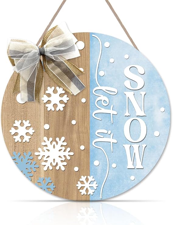 OLMIXA Let It Snow Winter Wooden Sign Snowflake Christmas Front Door Hanger