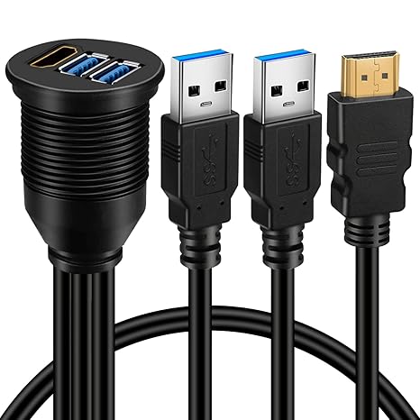 Dual USB 3.0 & HDMI Male to Female Car USB Flush Mount Extension Cable USB 3.0 Dash Mount for Car Truck Boat Motorcycle - 3ft