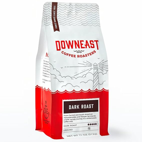 Downeast Coffee Roasters Ground Coffee - Dark Roast, 100% Arabica Coffee - Bold, Syrupy, Bittersweet Toffee Notes - Kenya, Central and South American Highlands (GROUND COFFEE, 11 oz Bag)