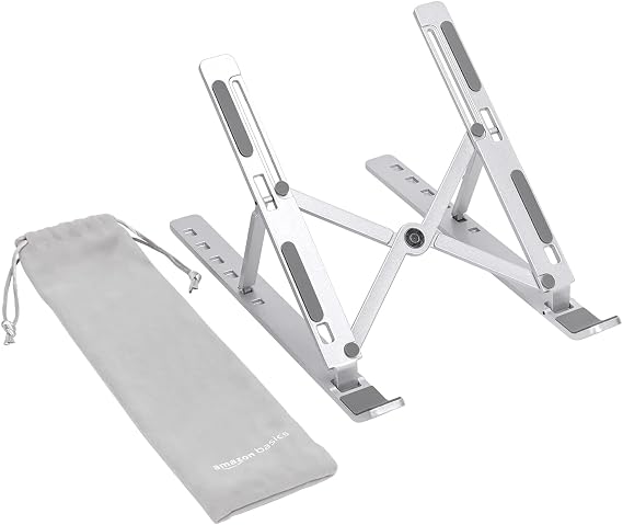 Amazon Basics Foldable Laptop Stand, 6-Angle Adjustable, Lightweight Portable Design, Recommended for Ergonomic Viewing, Fits 10 (25.4 cm) - 15.6 Inches (39.6 cm) Laptops, Silver