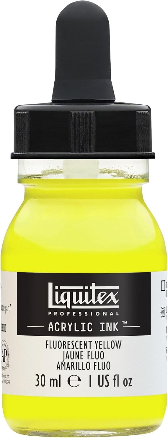 Liquitex Professional Acrylic Ink, 1-oz Jar, Fluorescent Yellow | Ultra Fluid Acrylic, Highly Pigmented, Dye-Free, Non-Fading, Satin Finish, Permanent When Dry, Lightfast