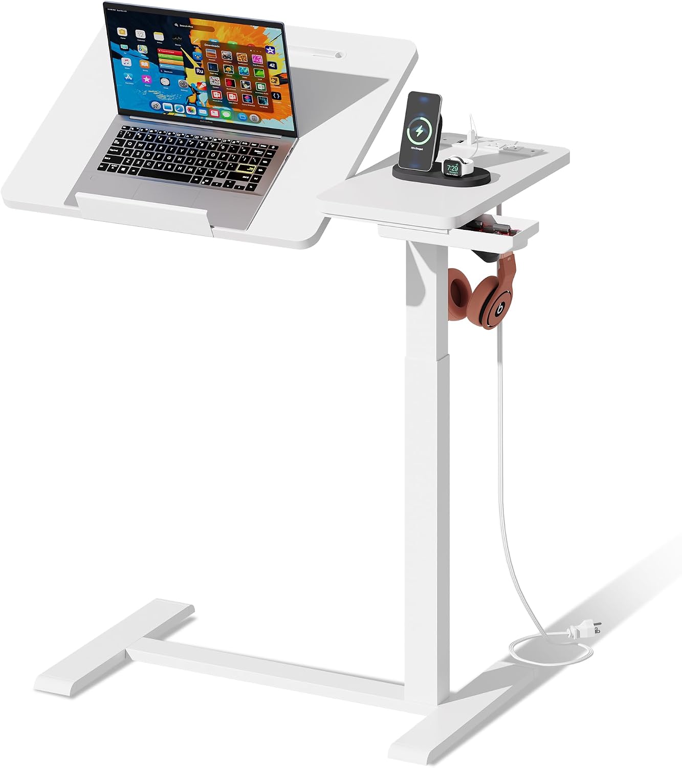 EKNKOZY Standing Desk, Medical Overbed Table with Rolling Tray and Power Outlet, Dual Pneumatic Angle and Height Adjustable Desk, Portable Side Table with Drawer, Home & Hospital Use, White