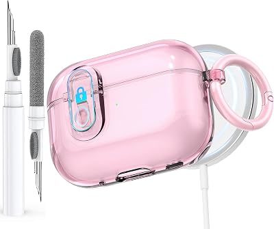 Clear Case for AirPods Pro 2nd1st Generation Case with Lock, Effortless MagSafe, Soft TPU Transparent Apple Airpod iPod Pro Case Cover 2nd1st Gen 202320222019 with Cleaning Kit&Keychian, Pink