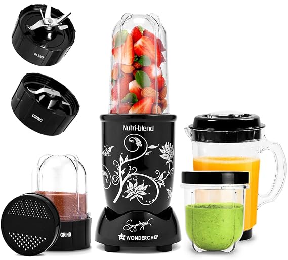 Wonderchef Nutri-blend Juicer, Mixer, Grinder, Blender & Smoothie Maker 500W 22000 RPM Full Motor Unbreakable Jars Recipe book by Chef Sanjeev Kapoor 2 Jar, 3 Jar Black