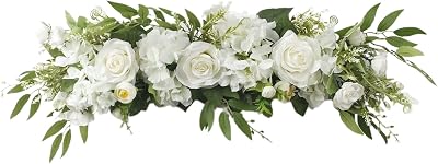 Firlar Artificial White Rose Swag, 25.6 Inch Silk Flower Garland Wreath Decorative Swag with Fake Roses and Green Leaves for Wedding Arch, Chair Back, Front Door, Wall Home Decor
