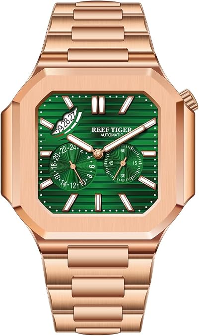 REEF TIGER Luxury Automatic Watch, Octagonal Rose Gold Case, Brown Dial, Stainless Steel Band