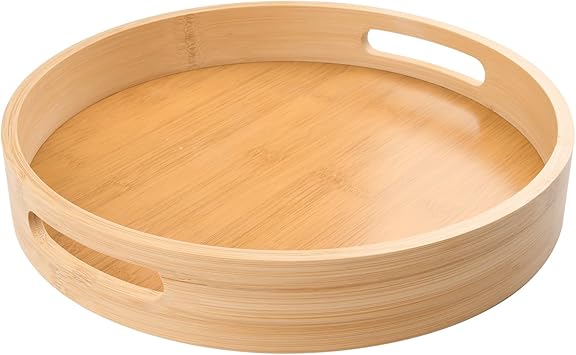 LorisArm 12 inch Round Serving Wooden Tray with Handles, Bamboo Decorative Ottoman Tray Serving for Serving Beverages & Food on Bar Living Room Home Dining Table.