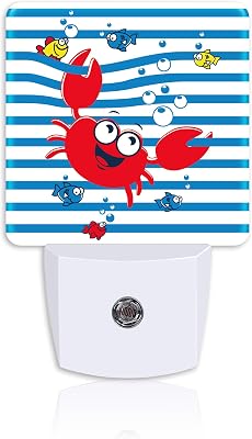 Red Funny Crab on Blue Stripe Night Light for Kids Girls Boys,LED Night Light Plug into Wall with Dusk to Dawn Sensor for Room Decor,Hallway,Kitchen,Bathroom,Nursery,Stairs
