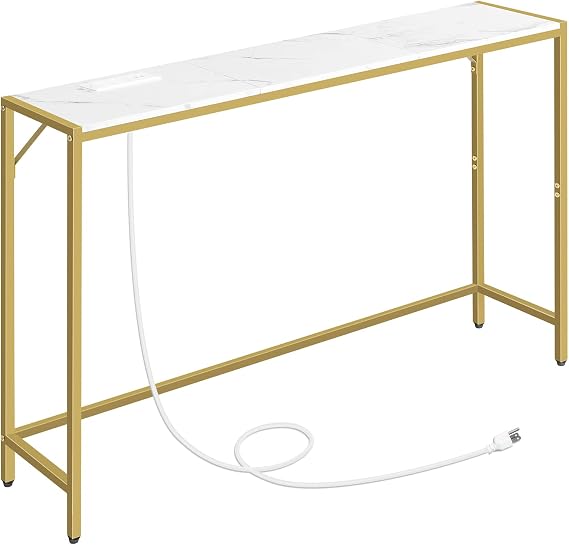 MAHANCRIS Console Table, Narrow Sofa Table, 43.3â Entrance Table with Power Station, Behind Couch Table, Simple Style, for Living Room, Hallway, Entryway, Foyer, Marble and Gold CTJM112E01 