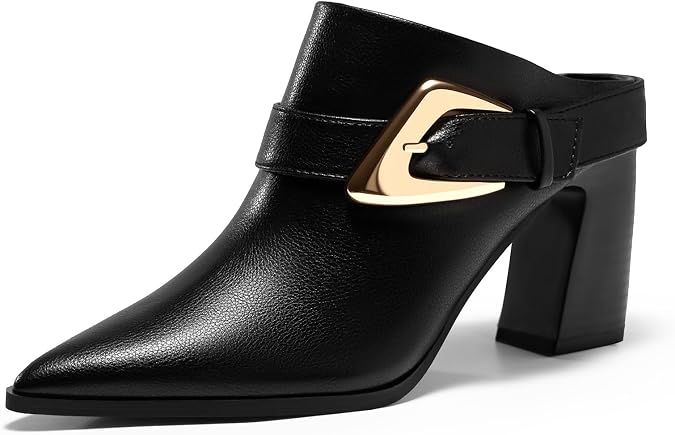 Coutgo Womens Mules Boots Chunky Stacked Heel Pointed Toe Booties Slip On Dress Boot Shoes with Buckle Decoration