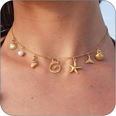 YANCHUN Initial Necklace Shell Seashell Starfish Boho Charm Necklace Stocking Stuffers Stocking Stuffers Adults