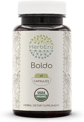HerbEra Boldo USDA Organic 60 Capsules | Natural Herbal Supplement | Certified Organic Vegetarian Capsules and Organic Boldo Peumus boldus Dried Leaf 60 Capsules