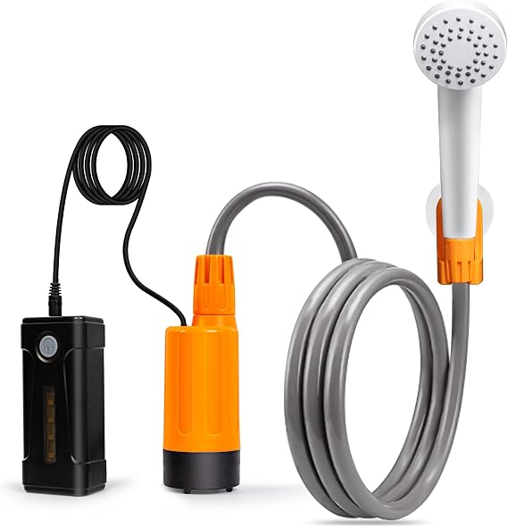 Portable Shower for Camping, Rechargeable Portable Camping Shower, Camp Shower with Double Portable Shower Head and 2 Flow Mode, Camping Shower for Hiking Beach Swimming Outdoor