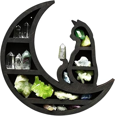 Faddare Wooden Moon Shelf, 1 Shelf, Rustic, Accent Shelf, Decorative Shelf, Black, 11.8x11.8x3cm, for Living Room, Dining Room, Bed Room, Jewelry, Crystals, Essential Oil