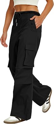 Womens Cargo Pants Elastic Waist Wide Leg Parachute Pants with 4 Pockets Baggy Hiking Trousers Travel Y2K Waterproof