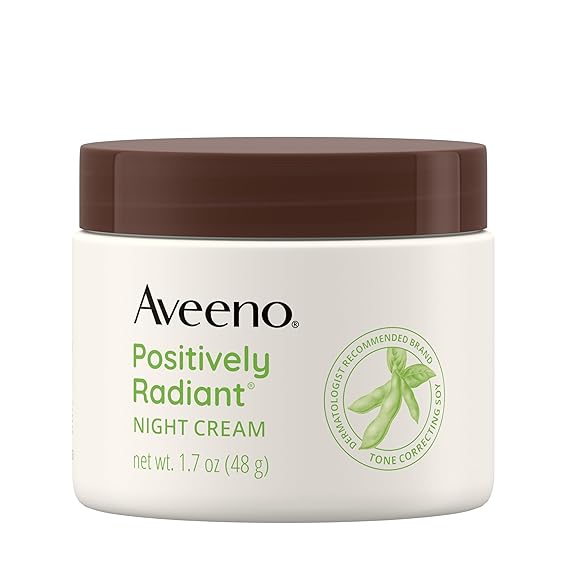 Aveeno Positively Radiant Night Cream; Neck & Face Moisturizer with Tone Correcting Soy & Niacinamide, Overnight Face Mask & Dull Skin & Dark Spot Corrector Evens Skin Tone & Texture, 1.7 Fl Oz