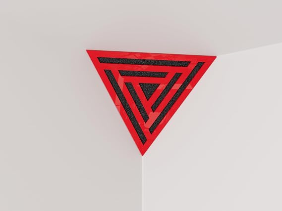 (2 Pack) Sound Absorption-Diffuse Ceiling Corner Bass Trap Triangle Acoustic Foam with Perforated Laminated HDF Plate | 42x42x42cm | Triangular Pyramid | Color: (Red gloss plastic, SCIFI)