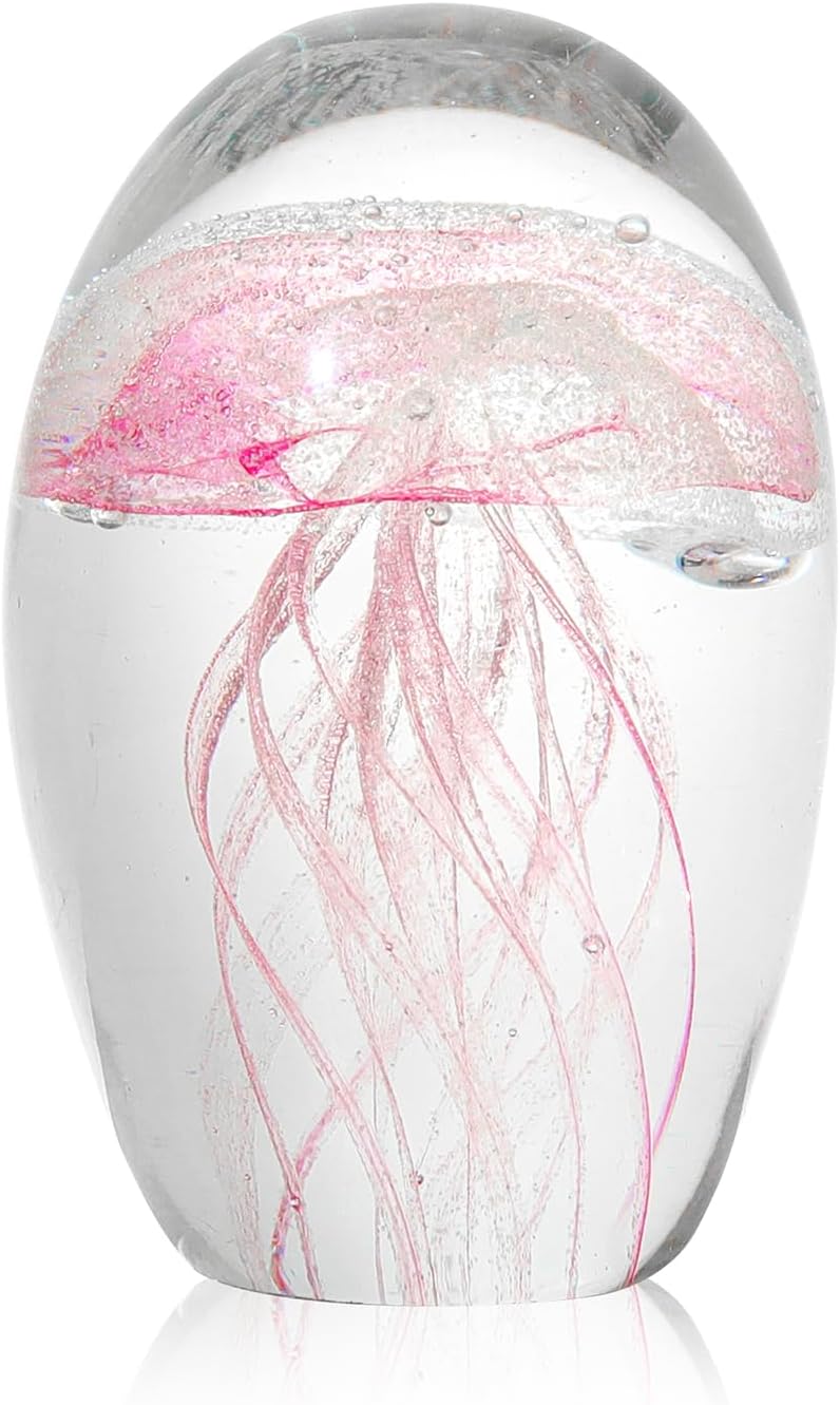 Hand Blown Glass Jellyfish Figurines Collectible Handmade Art Glass Sea Animal Sculpture Crystal Jellyfish Animals Home Room Decor Ornaments,Glass Paperweight for Desk