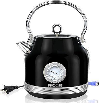PROKING Retro Electric Kettle Stainless Steel 1.7L Tea Kettle, Hot Water Boiler with Thermometer&Led Light, Fast Boiling, Auto Shut-Off&Boil-Dry Protection Black