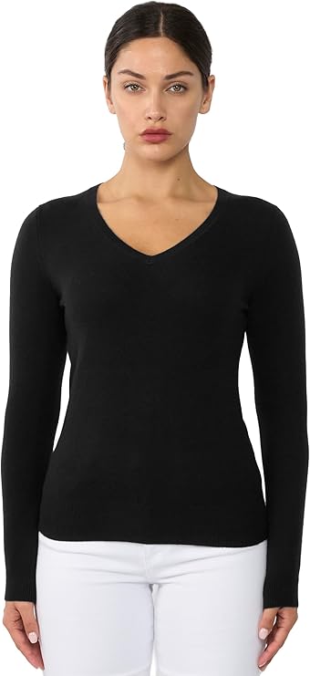JENNIE LIU Women's 100% Pure Cashmere Long Sleeve Pullover V Neck Sweater