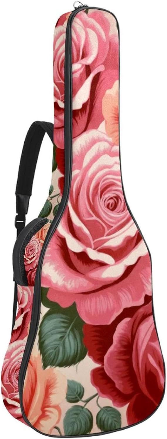 Acoustic Guitar Gig Bag 1 cm Thick Padding, Waterproof Electric Guitar Bag 40-42 Inch Guitar Case Backpack with Dual Shoulder Strap, Pink Rose Pattern