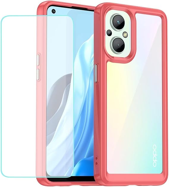 OnePlus Nord N20 5G用ケース 強化ガラススクリーンプロテクター、クリアハードPCバック&ソフトバンパー保護フォンカバー OnePlus Nord N20 5G用 クリスタルレッド