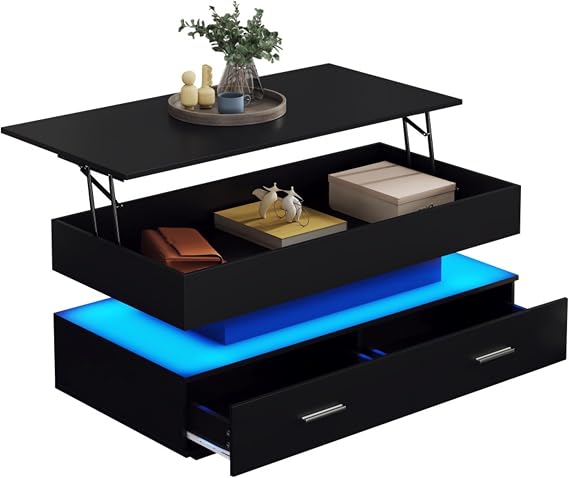 Hydraulic Lift Top Coffee Table with Smart LED Lights, 2 Drawers & Storage Compartments for Living Room,Adjustable Height, App Bluetooth Control, Modern Design for Dining and Gaming Spaces (Black)