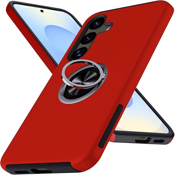 Galaxy S25 ケース、ミリタリーグレードの耐衝撃カバー、リングホルダー キックスタンド付き 回転可能 インビジブル、Samsung S25ケース、Samsung Galaxy S25用スリムフィット保護ケース 6.2インチ、レッド