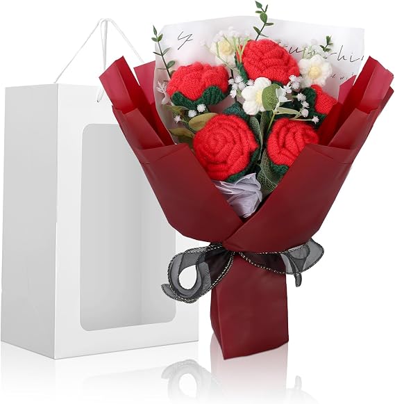 Foyucool Crochet Flowers Bouquet, Handmade Knitted Rose Bouquet | Crocheted Flower Bouquet with Gift Bag for Home Decor, Wedding, Mother’s Day, Teacher’s Day & Valentine’s Day, Rose Red