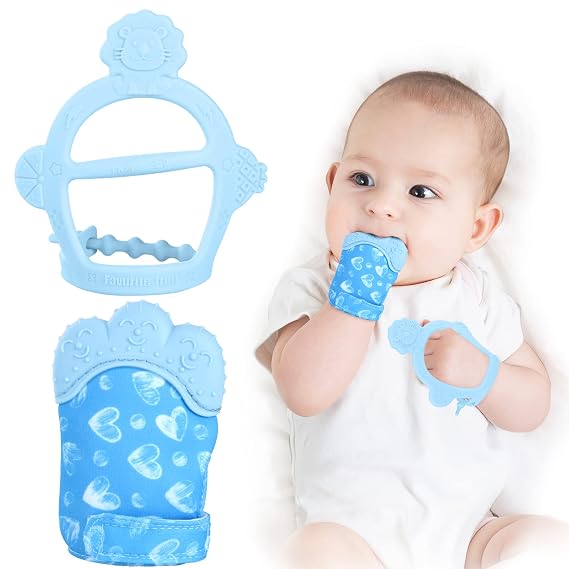 Vicloon Silicone Teething Mitt, 2Pcs Baby Teething Mitten with Adjustable Strap, Crinkle Sound and Textured, Self Soothing Baby Chew Toys for 0-6 Month Infants