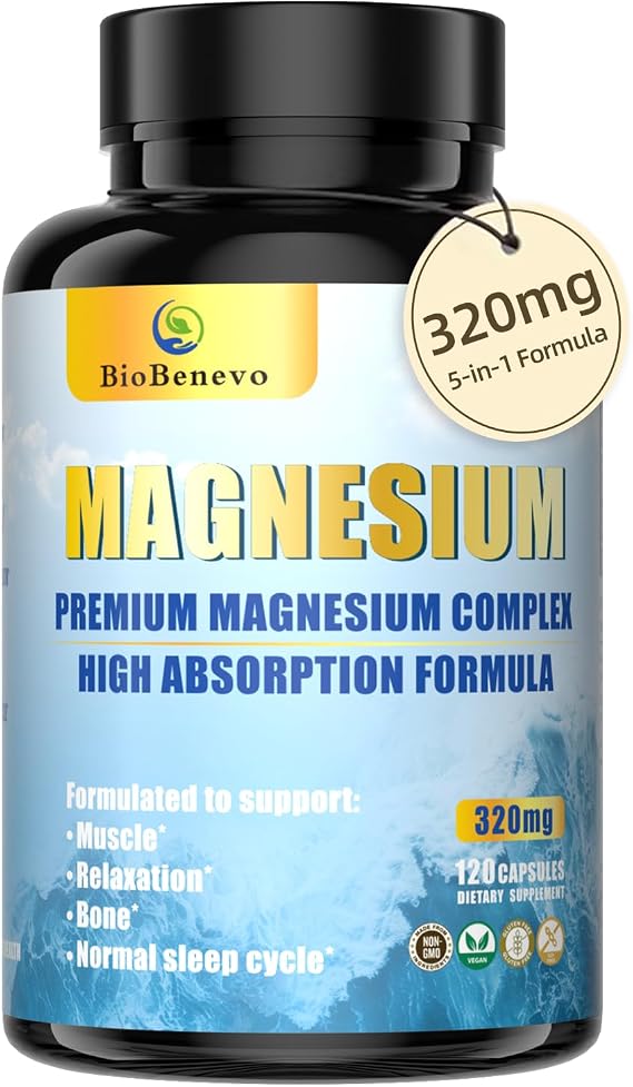 5-in-1 Magnesium Complex | 320mg of Magnesium Glycinate, Malate, Citrate... | Support for Sleep, Muscle Relaxation, and Energy Metabolism | High Absorption | Vegan, Non-GMO | 120 Capsules