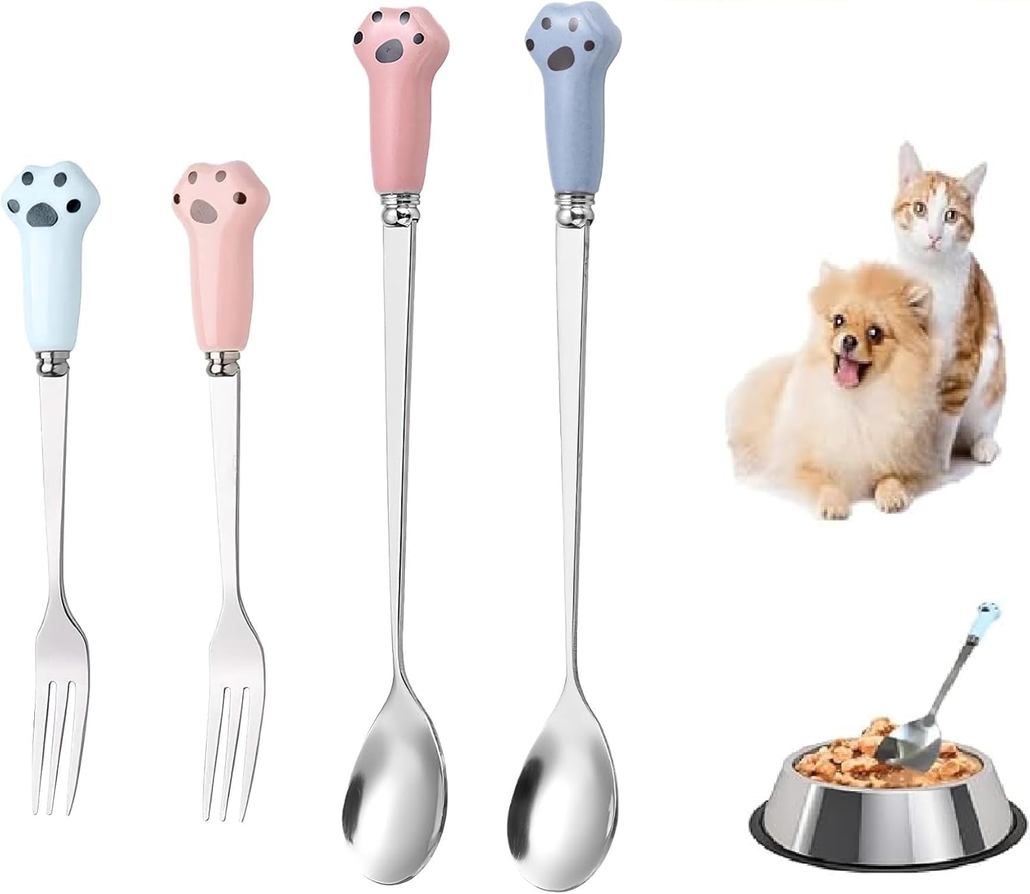 4 Pcs Paw Cat Can Spoon, Dog Food Fork, Stainless Steel Pet Food Fork Spoon Set, Cat Dog for Pet Feeding Wet, Durable Pets Feeding Utensils for Storage Containers (Blue, Pink)