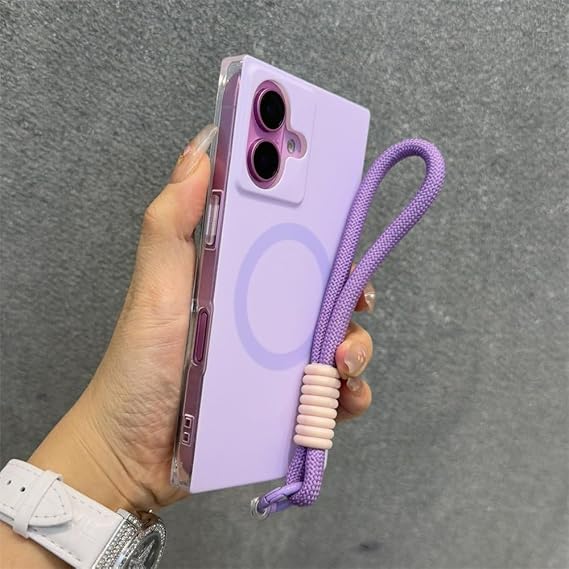 高級キャンディカラースクエア型携帯ケース iPhone 15 14 13 16 Pro Max ワイヤレス充電 ストラップ付き 耐衝撃カバー パープル iPhone 15用