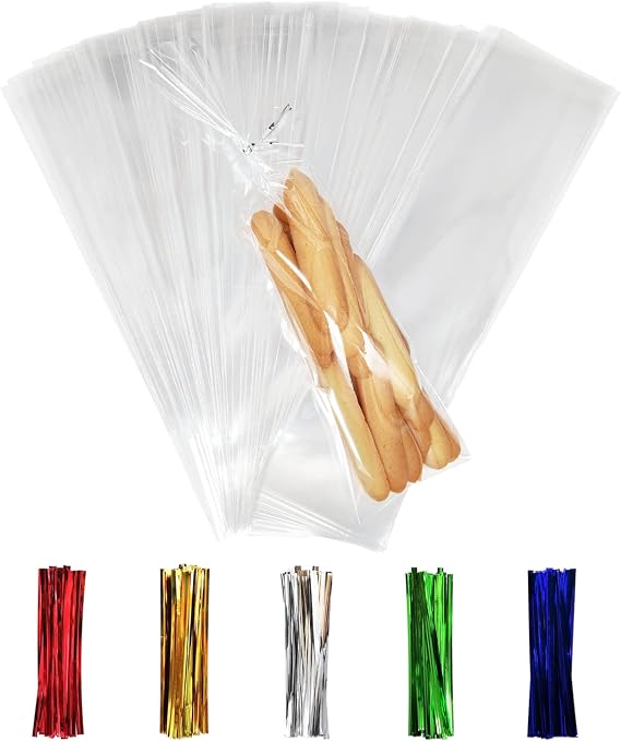 100PCS Cellophane Bags 3x11 inches, Clear Treat Bags with 4 Twist Ties, Plastic Cello Bags - 1.4 mils Thick OPP Rice Crispy Bags for Gift Goodie Favor Candy Cake Pop Birthday Party Cookies (3 x 11)