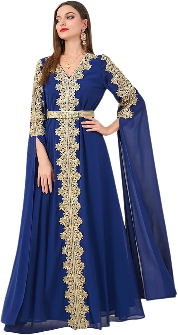 IBAKOM Abaya for Women Floral Lace Ethnic Moroccan Dress Muslim Dubai Attire Islamic Clothes Wedding Eid Ramadan Jalabiya