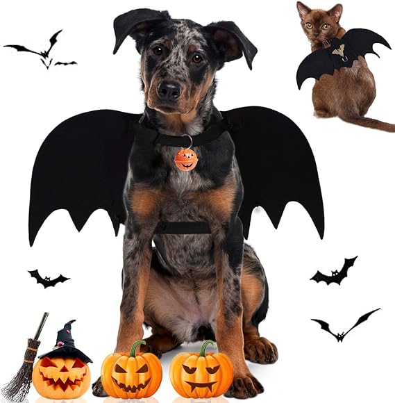 Halloween Dog Costume, Puppy Bat Wings Costumes, Pet Funny Cosplay Apparel Outfit, Doggy Batwings with Dog Leash and Pumpkin Bells for Small Medium Dogs and Cats