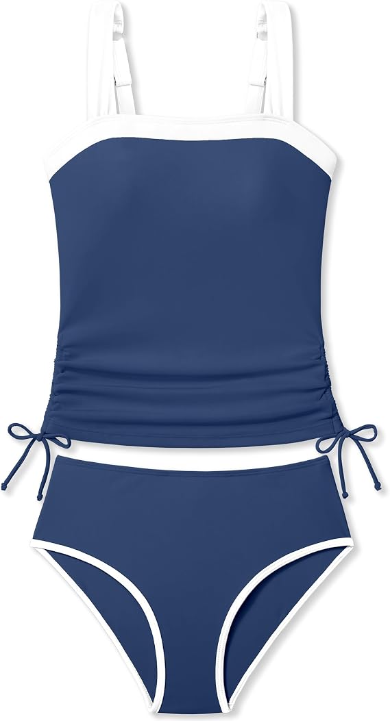 Girls Tankini Swimsuit 2 Piece Bathing Suit Color Block Strap Drawstring Girls' Swimwear for Beach Pool