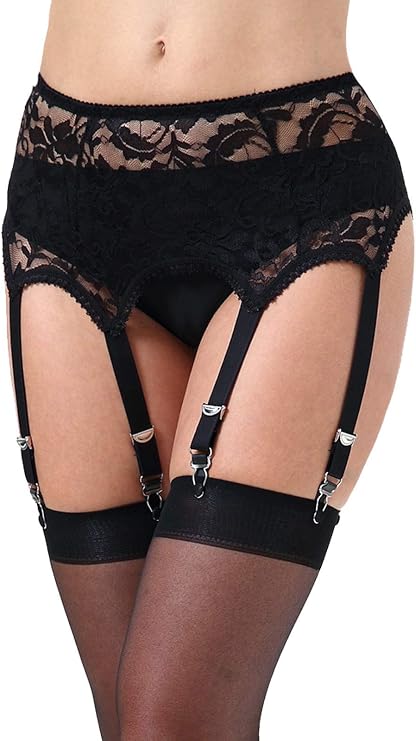 Lace Garter Belt/Sexy Mesh Suspender with 6 Vintage Strap Metal Clip for Women Stocking/Lingerie (Garter Belt Sold Only)
