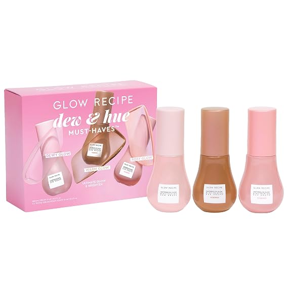 Glow Recipe Skin Care Set, Dew & Hues Must-Haves - Limited Edition Travel Size Gift Set with Niacinamide Dew Drops, Hue Drops Sun Glow & Rosy Glow (15ml Trio)