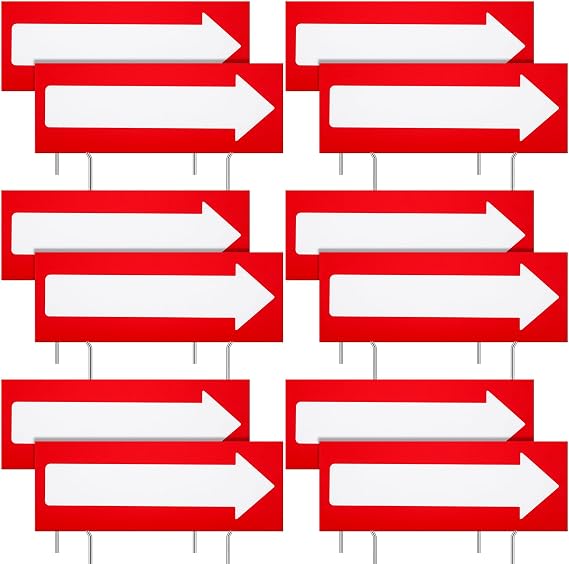 12 Pcs 17 x 6 Inch Arrow Yard Sign Red Corrugated Plastic This Way Decor Double Sided Directional Stake with 12 Inch Sturdy Metal Stakes for Outdoor Lawn Garden Ground Decorations