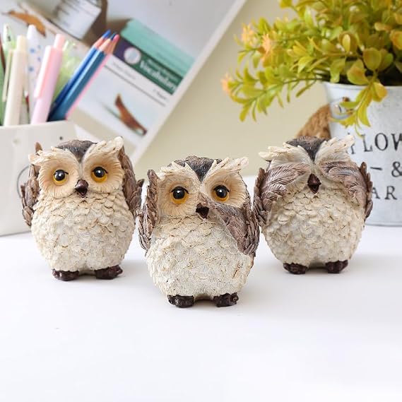 3PCS Owl Statues Home Decor, Cute Owl Figurines for Shelf, Living Room Bedroom Office Desktop, Bookshelf, Animal Sculptures Gifts,Small Decor Accents Items for Birds Lovers (Set of 3, Grey)
