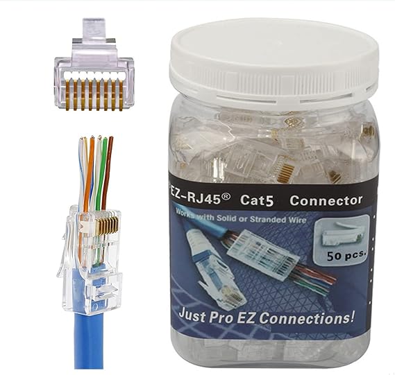 RJ45 CAT5 CAT5e Pass Through Connectors 50Pack End Ethernet 8P8C GoldPlated Modular Plug for Unshielded Twisted Pair Solid Wire Standard Cables