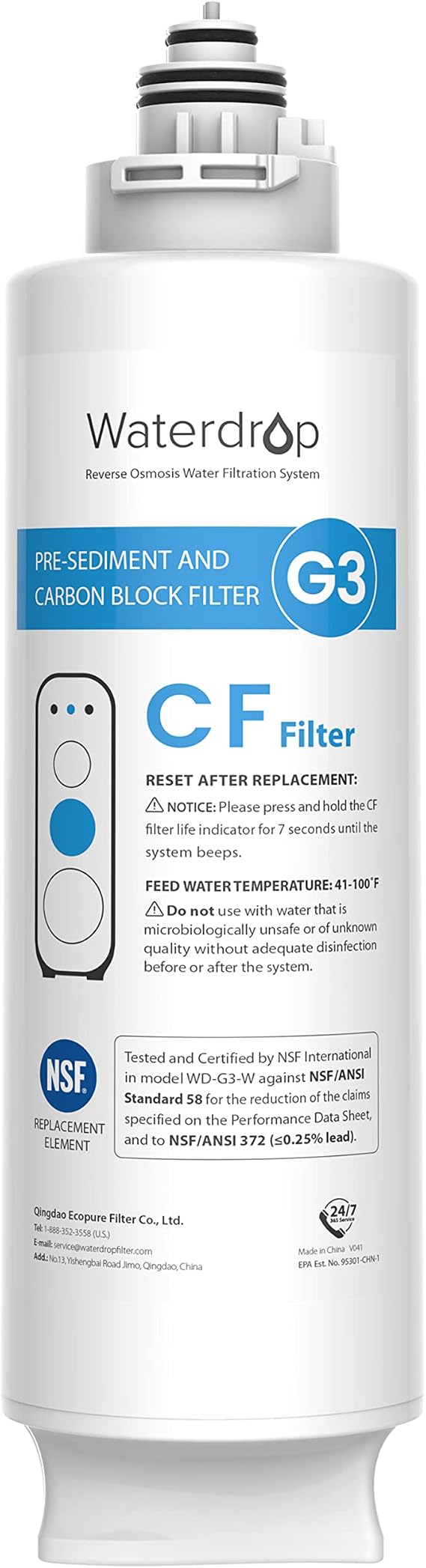 Waterdrop G3-N1CF Filter, Replacement for G3-W & G3P600 & G3P800 RO System | 6-Month Lifetime, NSF/ANSI 372 Certified, Easy Replacement, Under-Sink Reverse Osmosis Filter
