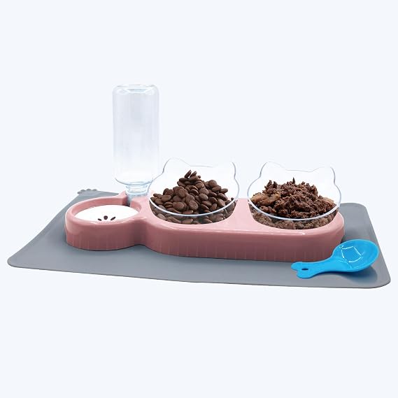 Triple Cat Bowls with Water Dispenser, Pet Water and Food Bowl Set with Non-Slip Mat and Scoop, 15 Tilted Double Dog Cat Bowls, Wet and Dry Food Bowl Set for Cats & Small Dogs (Pink)