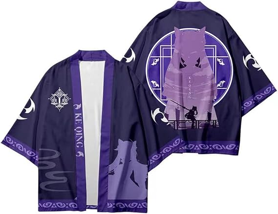 Genshin Impact Anime Figure Keqing Cosplay Kimono Suits Coat Bathrobe Outfit Halloween Couple Suit (M), Medium, Purple