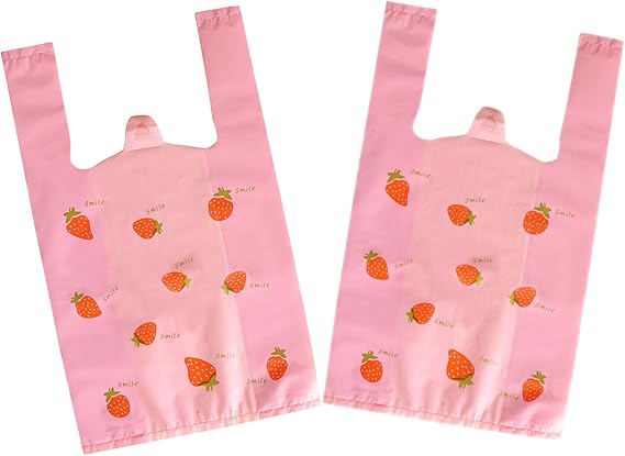 YYaaloa Strawberry Plastic Bags 50 Count, Grocery, Restaurant Convenience Store with Handles - Pink Strawberry Print, 7.8x13.8inch
