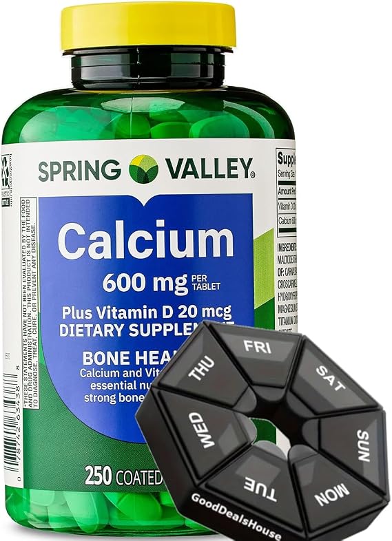 Spring - Valley Calcium 600 mg + Vitamin D3 20 mcg - 250 Count with Weekly Pill Organizer Bone Health Dietary Supplement Tablets