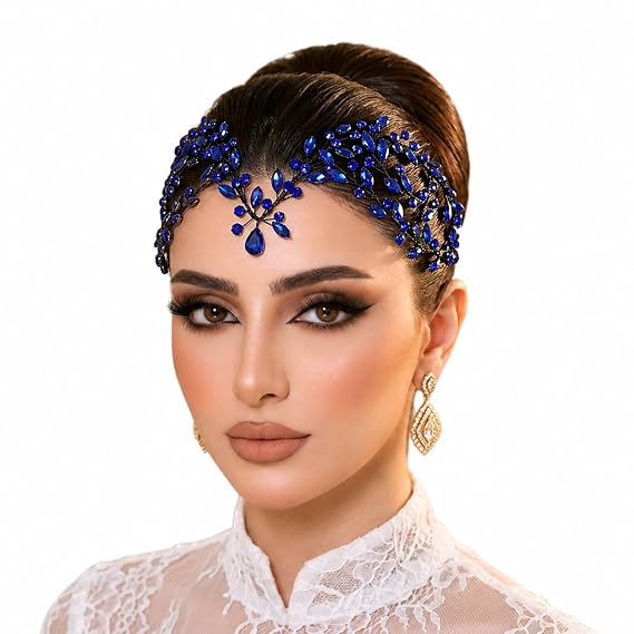 Blue Crystal Hair Vine Headpiece Bridal Forehead Wedding Accessory Women
