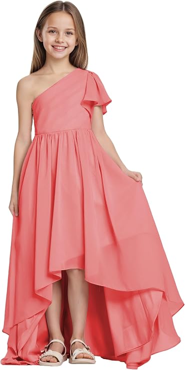Junior Bridesmaid Dresses One Shoulder Ruffles Chiffon Flower Girl Dress High-Low Pageant Party Gowns